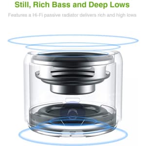 A transparent Bluetooth speaker featuring a black and silver design with visible speaker components and sound wave graphics.