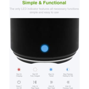 A black Bluetooth speaker with a blue LED indicator at the base, showcasing various function prompts.