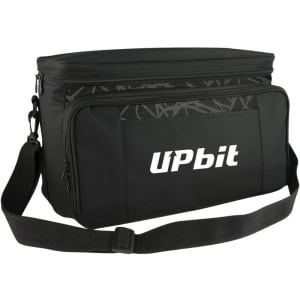 A black picnic bag with a shoulder strap and a front pocket, featuring a logo on the side.