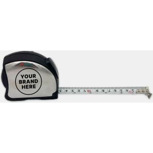 A silver and black professional tape measure with a branding logo, extended to show measuring tape.