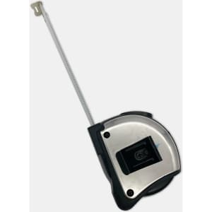 A silver and black professional 5 metre tape measure with a locking mechanism and a metal hook.