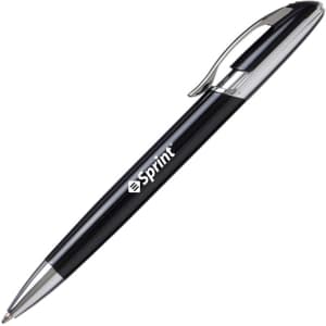 A black metal pen with a chrome clip and a branding logo on the side.