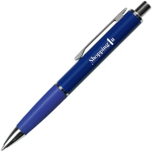 A blue metal pen with a textured grip and a clip, featuring a logo.