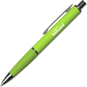 A green metal pen with a textured grip and a clip. It features a logo but no additional text.