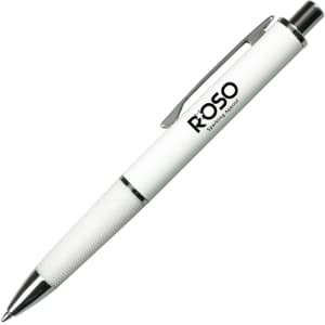 A metal pen in white with a textured grip and a shiny silver clip, featuring a logo.