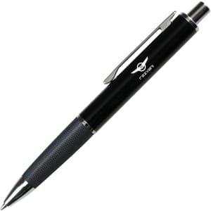 A black metal pen with a textured grip and a silver clip, featuring a logo on its side.