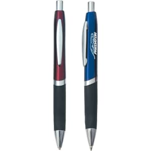 A set of two plastic pens, one red and one blue, both with rubber grips and silver accents. Each pen has a logo.