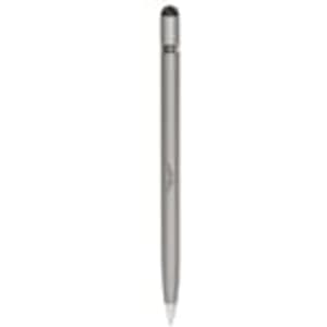 A metal pen in silver with a sleek design, featuring a black tip and a branding logo at the base.