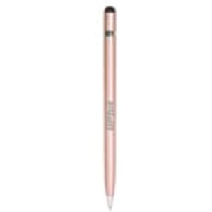 A metal pen in a rose gold finish with a logo. Features a smooth writing tip and a textured grip.