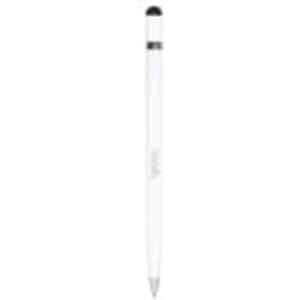A white metal pen with a black tip and a logo on the body.