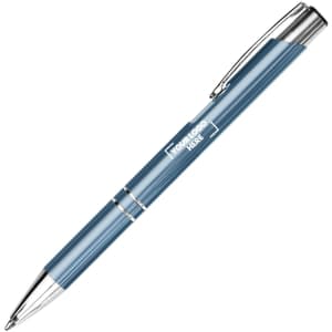 A blue metal pen with a shiny silver trim and a clip, featuring a branding area.