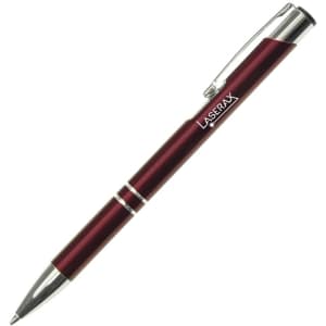 A metal pen in a deep red finish with chrome accents and a branding logo.