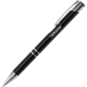 A metal pen in black with silver accents and a branding logo.