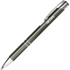 A metal pen in an olive green colour with silver accents and a branding logo.