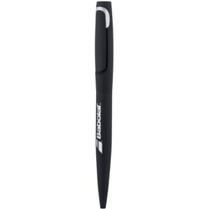 A black metal pen with a smooth body, featuring a clip and a logo.