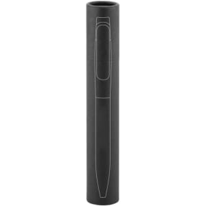 A metal pen in a sleek black casing, featuring a simple design and a logo on the surface.