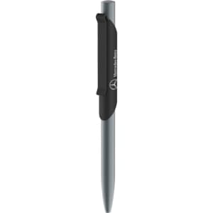 A metal pen with a silver body and a black clip, featuring a logo on the side.