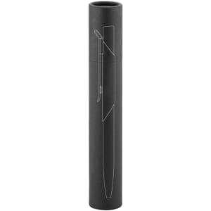 A sleek black metal pen presented in a cylindrical black packaging with a stylised illustration of the pen.