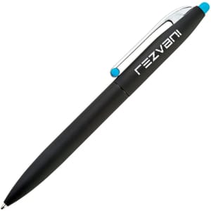A black pen with a silver clip and a light blue accent, featuring a logo on the barrel.