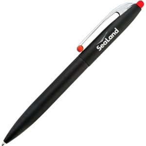 A black pen with a silver clip and a red tip, featuring a branding logo.