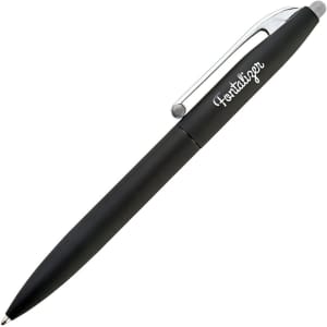 A black pen with a silver clip and a branding logo on the barrel. It features a smooth, sleek design.