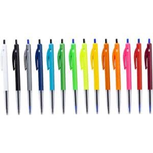 A collection of plastic pens in various colours: white, grey, blue, green, yellow, orange, pink, and red. Each has a logo.