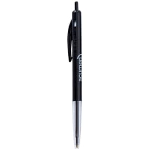 A black plastic pen with a silver clip, featuring a logo. The pen is shown upright against a white background.