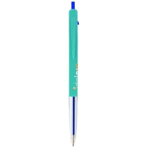 A turquoise plastic pen with a blue ink refill and a clip, featuring a logo.