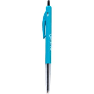 A turquoise plastic pen with a black ink tip and a clip. The pen features a logo on its body.