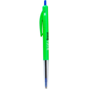 A green plastic pen with a blue ink tip and a clip, featuring a logo on the barrel.