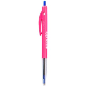 A pink plastic pen with a blue ink tip and a clip. The pen features a logo on the barrel.