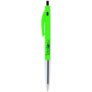 A bright green plastic pen with a black clip and silver accents, featuring a logo on the barrel.