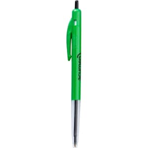 A green plastic pen with a clip and a black writing tip, featuring a logo on the barrel.