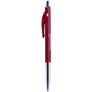 A red plastic pen with a clear barrel and blue ink, featuring a logo on the side.