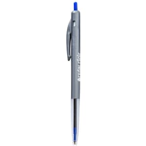 A plastic pen in grey with a blue writing tip and a logo on the barrel.