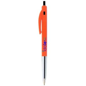 An orange plastic pen with a shiny silver tip and a branding logo on the barrel.