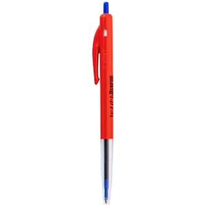 A red plastic pen with a blue ink tip and a clip, featuring a branding logo.