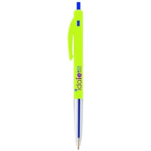 A bright green plastic pen with a click mechanism and a transparent barrel, featuring a branding logo.