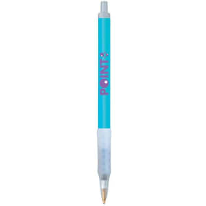 A blue plastic pen with a clear grip and a logo at the top, designed for writing.
