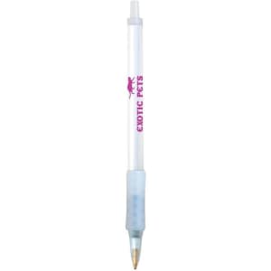 A clear plastic pen with a light blue grip and a branding logo. The pen features a gold tip for writing.