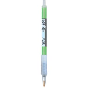 A green and clear plastic pen with a grip, featuring a branding logo.