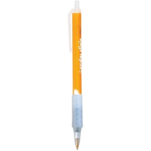 An orange pen with a translucent blue grip and a clip, featuring a branding logo.