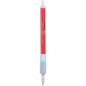 A red pen with a grip and a clear barrel, featuring a logo on its side.