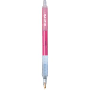 A pink Clic Stic Ice Grip pen with a clear barrel and a comfortable grip, featuring a branding logo.