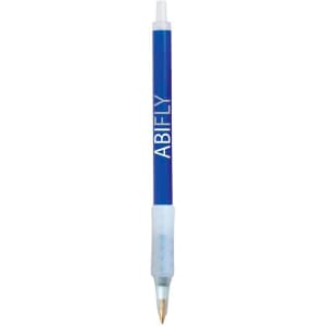 A blue plastic pen with a white grip and a brand logo on the barrel.