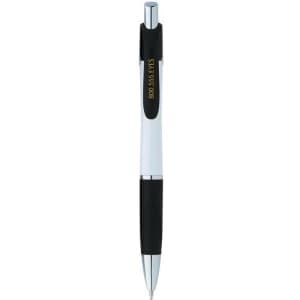 A sleek silver and black custom pen with a textured grip and a logo on the barrel.