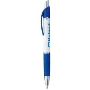 A blue and white custom pen with a logo, featuring a sleek design and a retractable ballpoint tip.