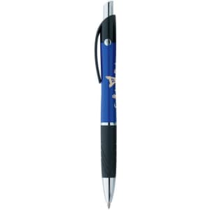 A blue and black pen with a shiny silver clip and grip, featuring a logo on its barrel.