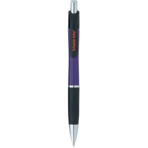 A purple and black pen with a chrome tip and clip, featuring a logo on the body.