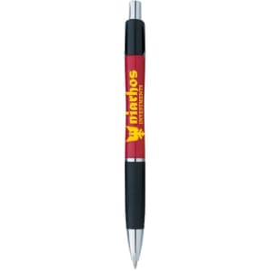 A red and black pen with a brand logo, featuring a sleek design and a smooth writing tip.